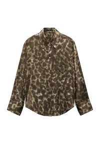 Long-sleeve blouse in olive green with a smooth satin finish, featuring a button-down collar and a brown spotted pattern.