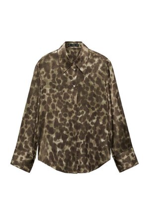 Long-sleeve blouse in olive green with a smooth satin finish, featuring a button-down collar and a brown spotted pattern.