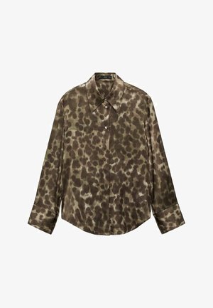 Long-sleeve blouse in olive green with a smooth satin finish, featuring a button-down collar and a brown spotted pattern.