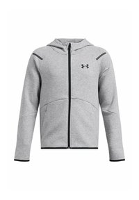 Grijze zip-up hoodie van zacht materiaal, met een capuchon, zwarte accenten, zijzakken en een logo op de linkerborst.