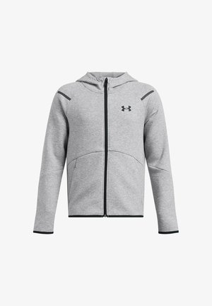 Haut à capuche zippé gris en tissu doux, avec une capuche, des accents noirs, des poches latérales et un logo sur la partie gauche de la poitrine.