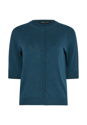 Kort tealblauw vest met korte mouwen, ronde halslijn en knoopsluiting aan de voorkant, gemaakt van fijngebreide stof.