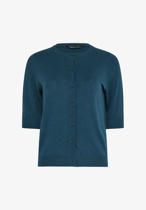 Cárdigan azul verdoso de manga corta con escote redondo y cierre frontal de botones, hecho de tela de punto fino.
