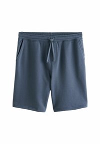 Pantalones cortos de mezcla de algodón grises para hombre con cintura elástica y cordón, que cuentan con bolsillos laterales y una textura simple y suave.