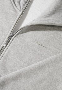 Sweat à capuche zippé gris clair avec doublure intérieure côtelée et logo "LAMANIA" brodé sur la poitrine près de la fermeture éclair.