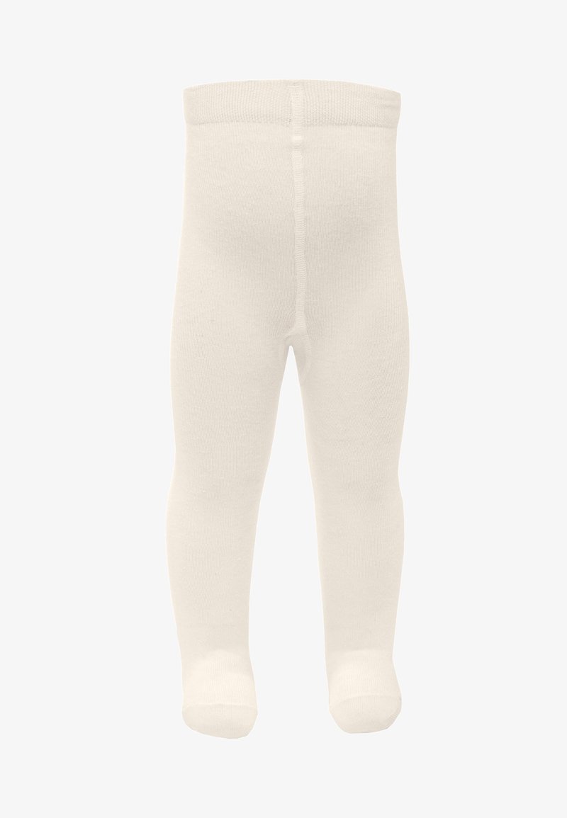 Białe rajstopy robione na drutach o miękkiej teksturze, z bezszwowym krojem i elastycznym paskiem w talii dla zapewnienia komfortowego dopasowania.