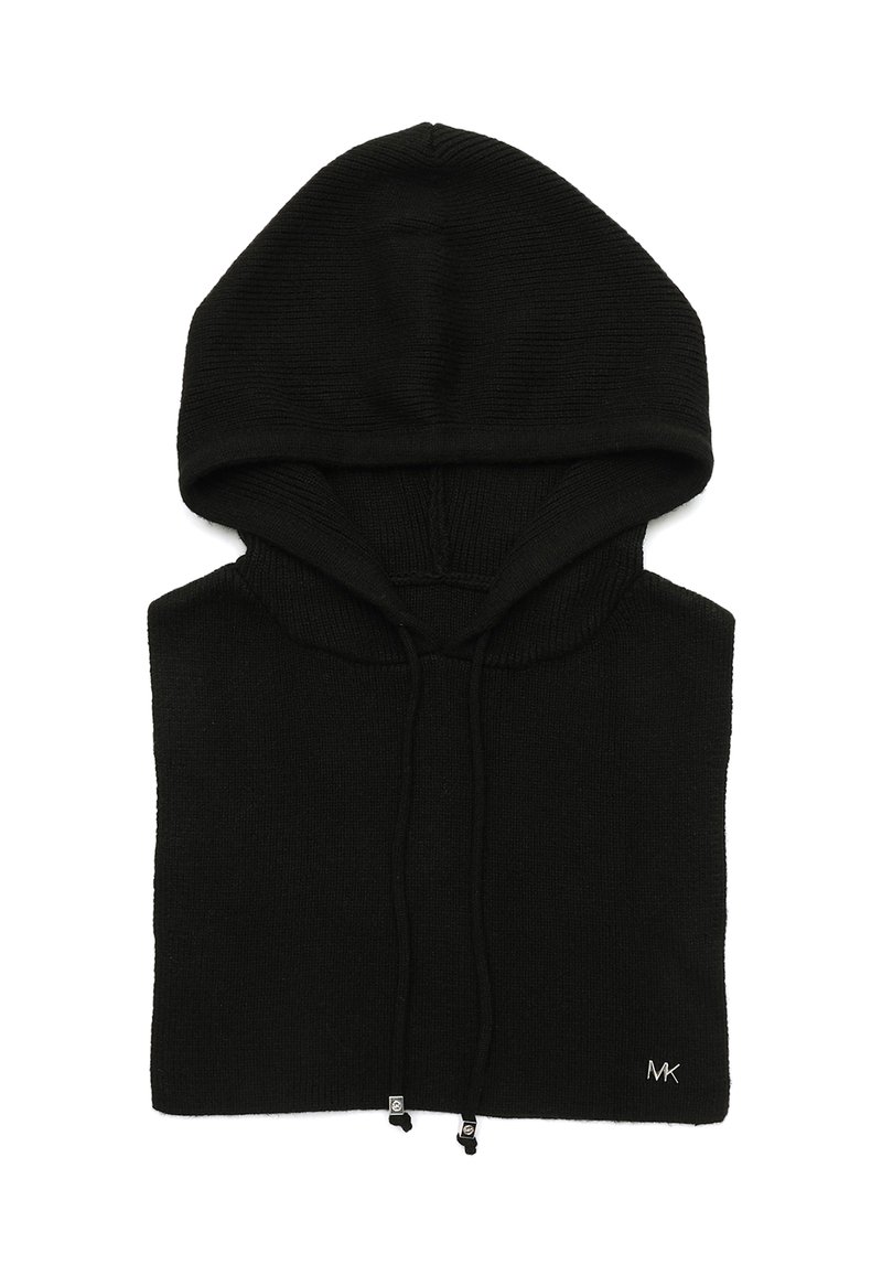 Musta neulehuppari, jossa on ribbikuvio, nyörit ja pieni logo. Varustettu suurella hupulla ja lyhyellä muotoilulla.