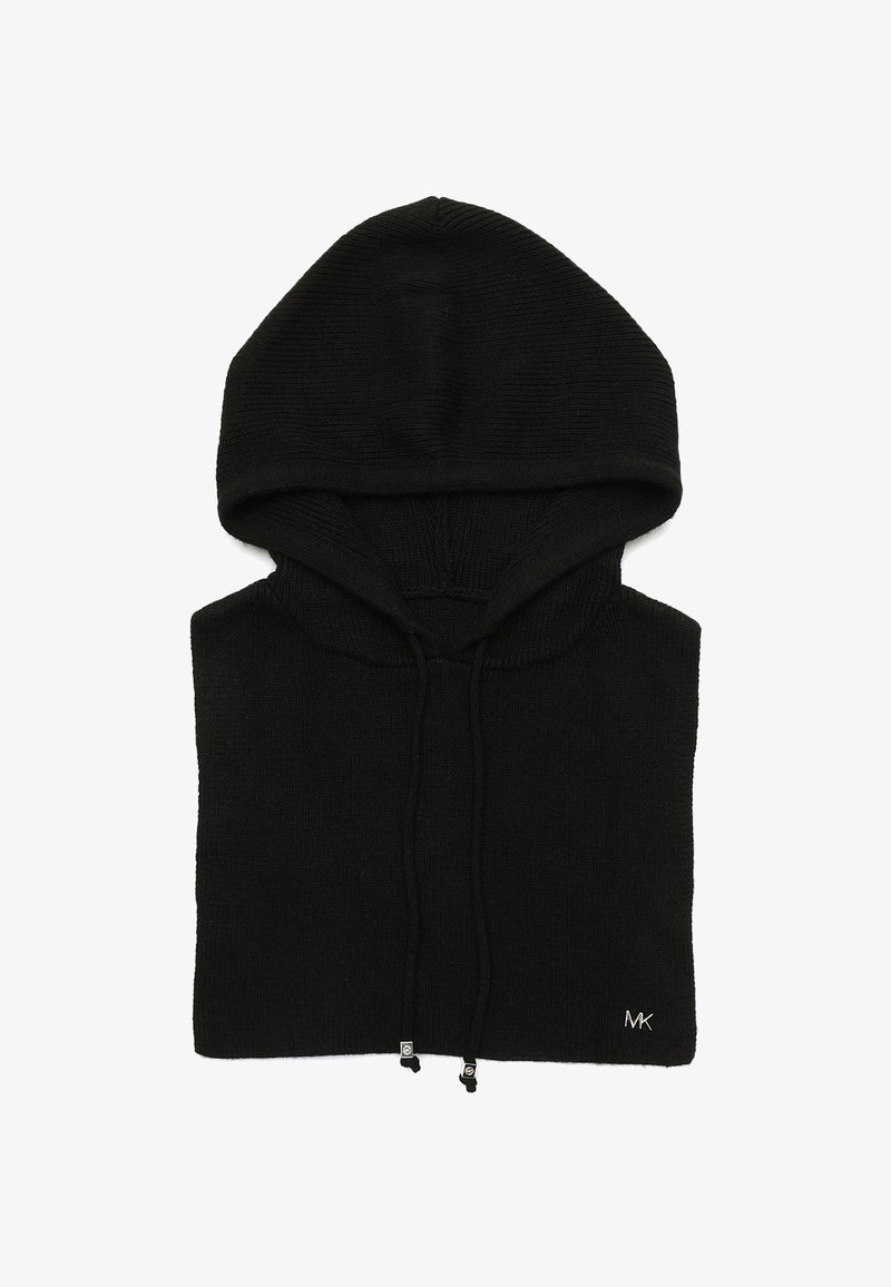 Musta neulehuppari, jossa on ribbikuvio, nyörit ja pieni logo. Varustettu suurella hupulla ja lyhyellä muotoilulla.