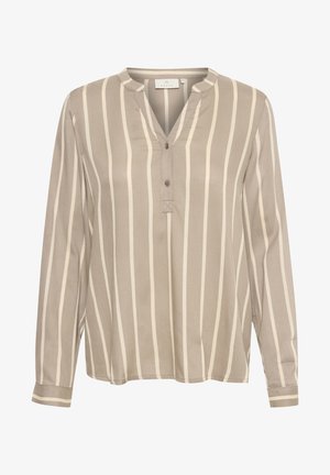 Beige langesluitshirt met verticale witte strepen, V-hals, sluiting met één knoop en manchetten met gestreepte details. Gladde stoftextuur.