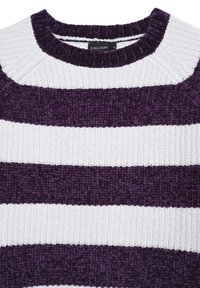 Striped sweater featuring thick, textured fabric with alternating deep purple and white bands. Ribbed neckline with a label inside.