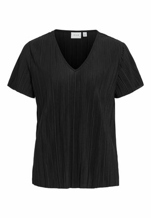 VILA, SHORT SLEEVED TOP VIPLIS V-NECK - Bluse - black