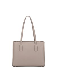 Borsa a mano beige realizzata in materiale sintetico testurizzato, dotata di due manici piatti, forma rettangolare e chiusura superiore con zip.