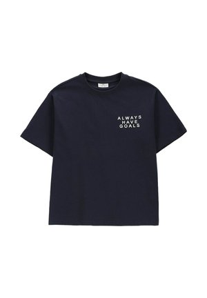 Granatowy t-shirt z krótkim rękawem z białym napisem "ALWAYS HAVE GOALS" nadrukowanym na lewej piersi.