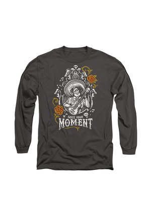 Long-sleeve t-shirt in dark gray featuring a skeleton playing guitar, floral accents, and the phrase "Seize Your Moment" in bold white text.