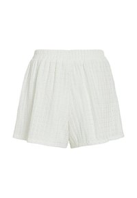 Shorts blancs texturés avec une taille smockée ; tissu léger présentant un motif froissé et une coupe ample et fluide.