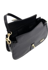 Black leather handbag with a textured finish, short shoulder strap, gold hardware, and a magnetic clasp. Interior lined with logo fabric.