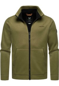Giacca zip-up verde oliva con colletto alto, texture a coste, due tasche frontali e dettagli della cerniera neri. Presenta il logo del marchio sul petto.