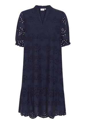 Marineblaues, knielanges Kleid mit kurzen Puffärmeln, V-Ausschnitt, Lochstickerei und gewelltem Saum. Gefertigt aus leichtem Stoff.