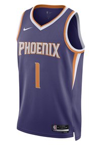 Maillot de basketball violet avec l'inscription "PHOENIX" en lettres blanches et orange, numéro "1" sur le devant, logo Nike, et étiquette NBA à l'ourlet.