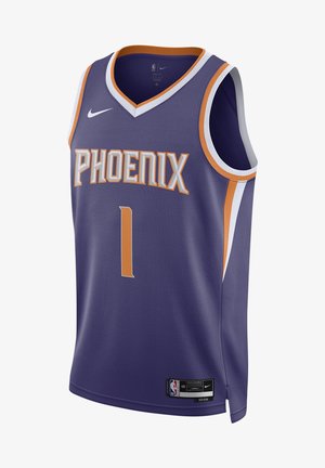 Maillot de basketball violet avec l'inscription "PHOENIX" en lettres blanches et orange, numéro "1" sur le devant, logo Nike, et étiquette NBA à l'ourlet.