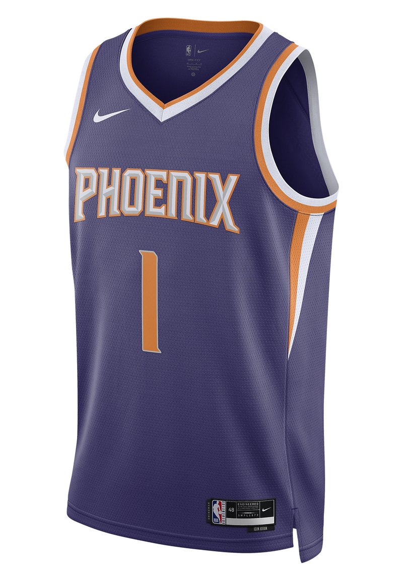 Maillot de basketball violet avec l'inscription "PHOENIX" en lettres blanches et orange, numéro "1" sur le devant, logo Nike, et étiquette NBA à l'ourlet.