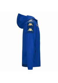 Blauwe hoodie met gouden Kappa-branding op de bovenste mouwen, met ritszakken en gemaakt van een gladde, lichtgewicht stof.
