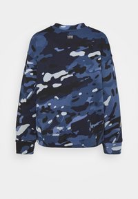 Blå kamouflage sweatshirt med en avslappnad passform, med varierande nyanser av blått och svart, ribbade ärmslut och rund halsringning.