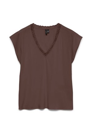 Blusa marrone a maniche corte con scollo a V e bordo in pizzo, vestibilità comoda, tessuto leggero e orlo dritto.