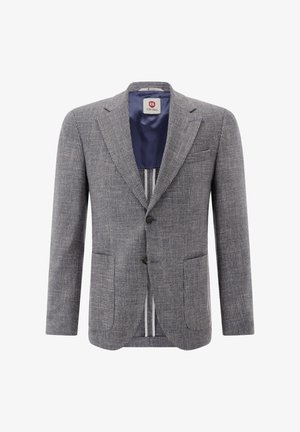 Grauer karierten Herrenblazer mit Revers, zwei Knöpfen, zwei vorderen Pattentaschen und dunkelblauem Innenfutter mit Markenlabel.