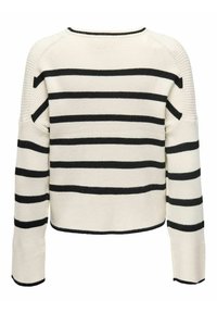 Pull en maille à coupe ample, présentant des rayures horizontales noires sur un fond blanc crème, avec des manches longues aux larges poignets.