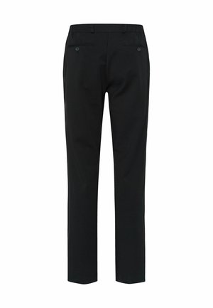 Black trousers with a tailored look, featuring a slim fit, two back pockets, and a smooth fabric texture.