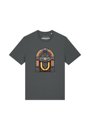 T-shirt gris foncé avec un graphique coloré de juke-box vintage centré sur le devant.