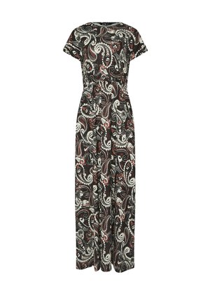 Vestido maxi negro con mangas cortas, cintura elástica y patrón floral paisley en blanco y rojo.