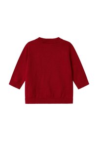 Maglione lungo rosso a maniche lunghe lavorato a maglia con colletto, polsini e orlo a coste, mostrato da dietro su uno sfondo bianco.
