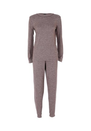 Maglietta marrone a maniche lunghe e pantaloni abbinati realizzati in tessuto morbido; presenta un collo rotondo e una vestibilità rilassata.