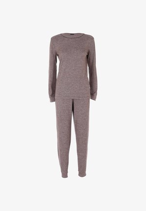 Maglietta marrone a maniche lunghe e pantaloni abbinati realizzati in tessuto morbido; presenta un collo rotondo e una vestibilità rilassata.