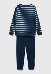 Mörkblå långärmad topp med vita horisontella ränder, ihopparad med enfärgade mörkblå byxor, båda med ribbade muddar.