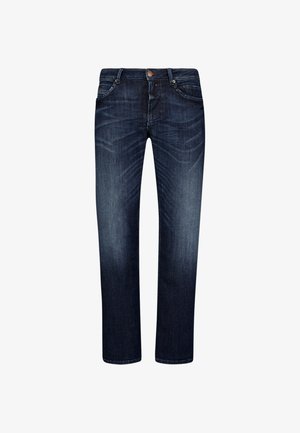 Jean en denim bleu foncé avec une coupe droite ; dispose de cinq poches et de détails de couture visibles le long des coutures. Matériau en mélange de coton durable.