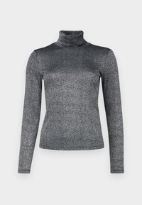 Ilgi piedurkņu turtlenecks tops metāliskā pelēkā audumā ar mirdzošu tekstūru. Matu dizains ar augstu apkakli papildu siltumam.