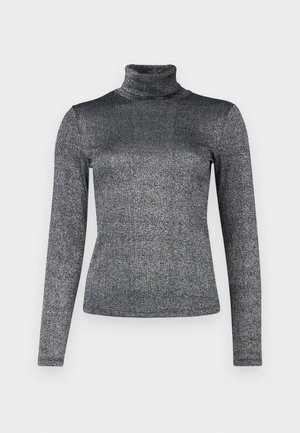 Langsleeve coltruit in een metallic grijze stof met een glinsterende textuur. Strak ontwerp met een hoge nek voor extra warmte.