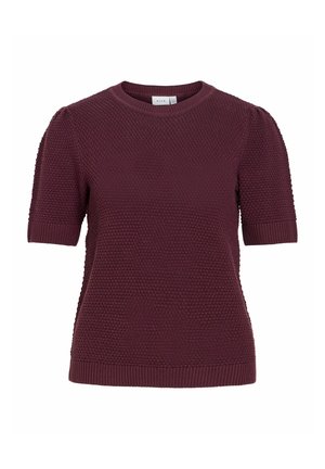 Pull en maille violet foncé à manches courtes avec motif texturé et poignets, col et ourlet côtelés, étiquette "VILA" à l'intérieur du col.