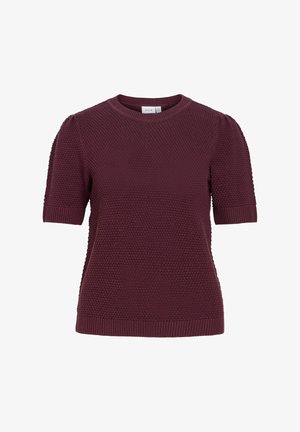 Krótki rękaw ciemnofioletowy sweter dziany z teksturowanym wzorem oraz ściągaczami na mankietach, kołnierzu i dolnym brzegu, z metką "VILA" wewnątrz kołnierza.