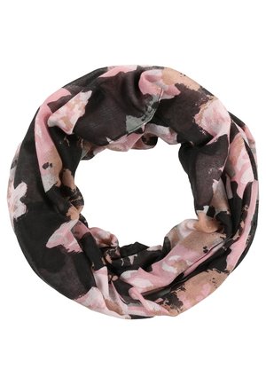 Infinity-Schal mit einem schwarzen, pinken und beigen Aquarell-Blumenmuster, flach in einer kreisförmigen Schlaufe dargestellt.