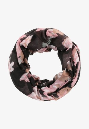 Infinity-Schal mit einem schwarzen, pinken und beigen Aquarell-Blumenmuster, flach in einer kreisförmigen Schlaufe dargestellt.