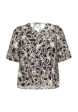 Blouse florale noire et crème à manches courtes, décolleté en V et fermeture à lien dans le dos. Présente un tissu texturé avec un motif audacieux.