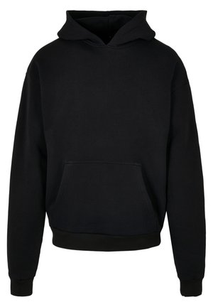 Black hooded sweatshirt with a front pocket, ribbed cuffs, and hem. Made from soft fabric with a smooth texture. Simple, classic design.