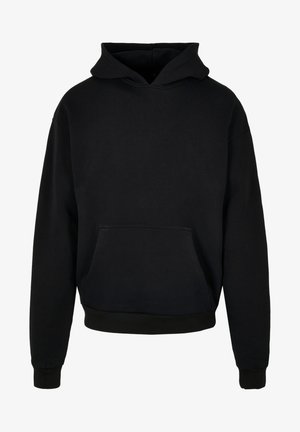 Schwarzer Kapuzenpullover mit einer Fronttasche, gerippten Bündchen und Saum. Hergestellt aus weichem Stoff mit einer glatten Textur. Einfaches, klassisches Design.