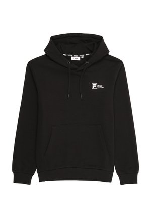 Zwarte FILA hoodie met een voorzak, trekkoorden en een klein logo op de linkerborst met de tekst "Het F-Box-logo werd gecreëerd in 1973."