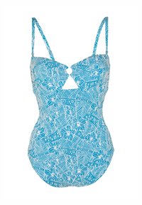 Costume da bagno intero blu con motivi floreali e geometrici bianchi, dotato di spalline regolabili e dettaglio a occhiello sul petto.