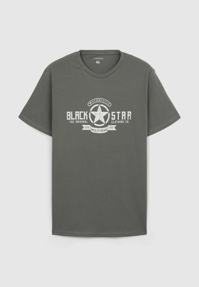 Maglietta in cotone grigio scuro con logo e scritta motociclistica "Black Star" bianca sul davanti, taglia XL, maniche corte, collo tondo.